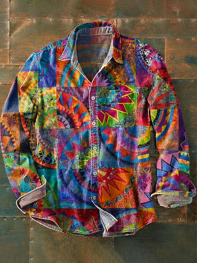 Men's Vintage Geometric Color Art Print Long Sleeve Pocket Shirt