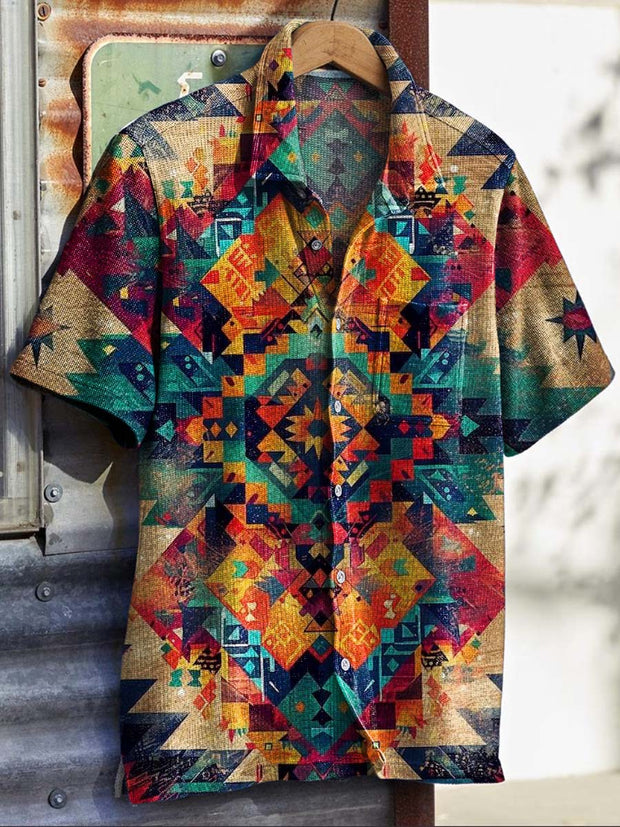 Mens Vintage Geometric Print Short Sleeve Shirt