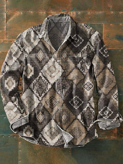 Men's Retro Geometric Printed Casual Lapel Long Sleeve Shirt