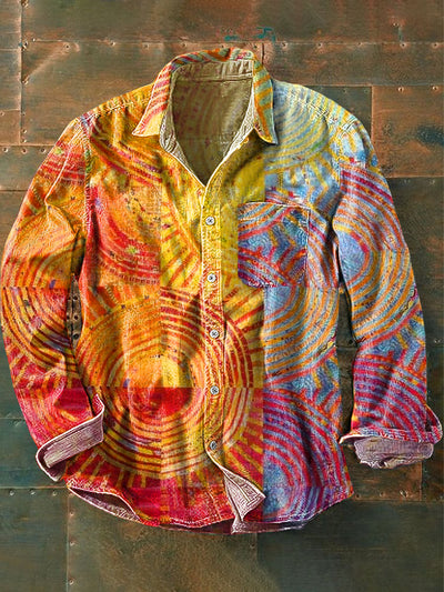 Men's Vintage Gradient Scalloped Art Print Long Sleeve Pocket Shirt
