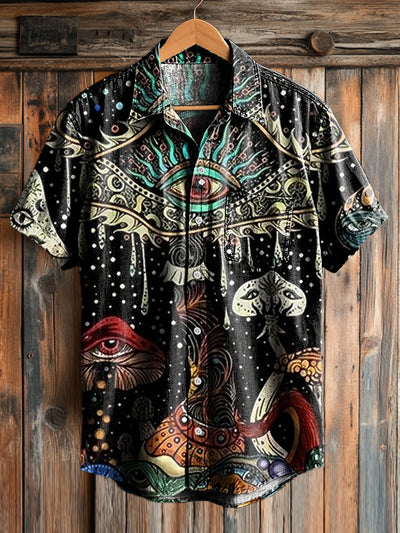 Men's Vintage Psychedelic Eye Art Print Short Sleeve Pocket Shirt