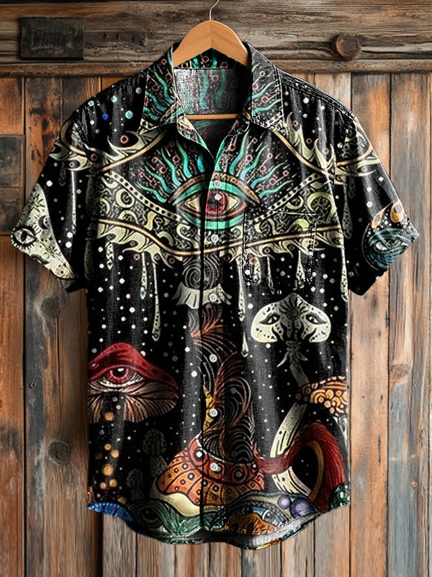 Men's Vintage Psychedelic Eye Art Print Short Sleeve Pocket Shirt