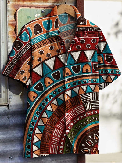 Mens Vintage Ethnic Pattern Printed Short Sleeve Shirt