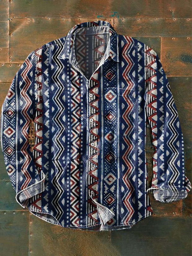 Men's Retro Geometric Printed Casual Lapel Long Sleeve Shirt