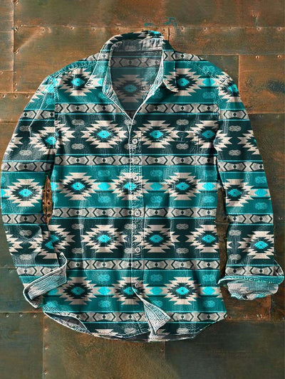 Men's Vintage Western Pattern Print Casual Lapel Long Sleeve Shirt