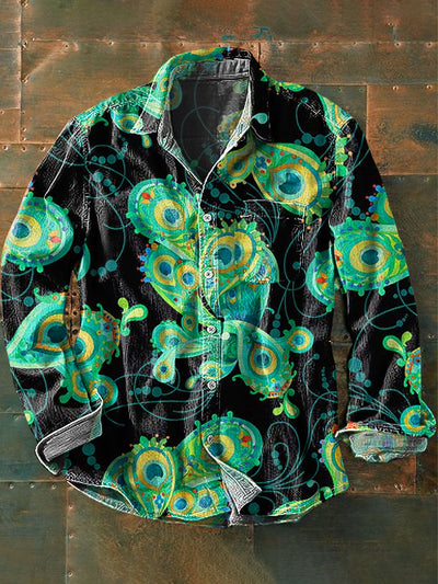 Men's Vintage Peacock Feather Art Print Long Sleeve Pocket Shirt
