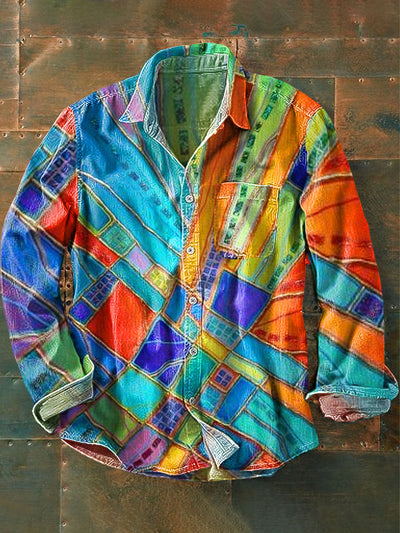 Men's Vintage Rainbow Color Geometric Line Art Print Long Sleeve Pocket Shirt