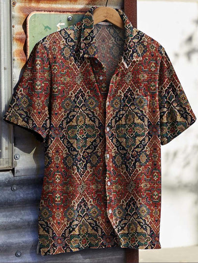 Mens Vintage Ethnic Pattern Printed Short Sleeve Shirt