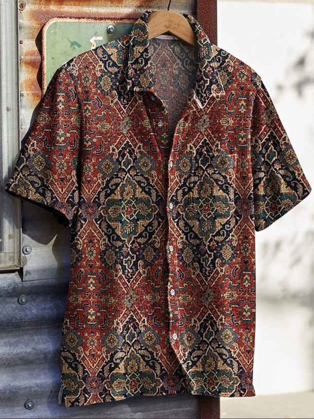 Mens Vintage Ethnic Pattern Printed Short Sleeve Shirt