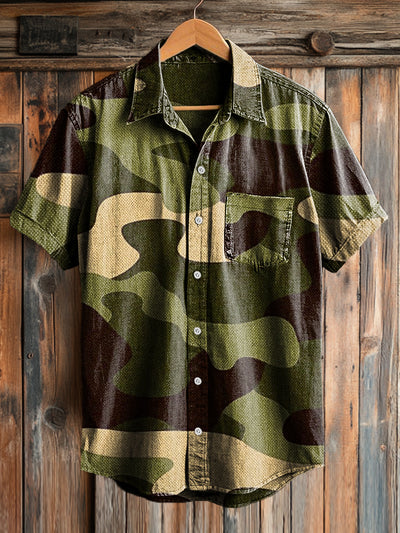 Men's Vintage Abstract Camouflage Art Print Short Sleeve Pocket Shirt