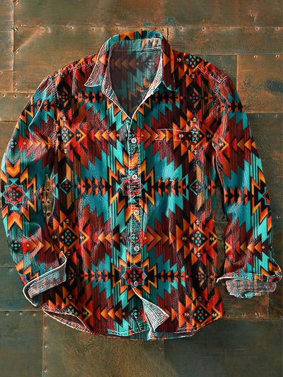 Men's Vintage Western Pattern Print Casual Lapel Long Sleeve Shirt
