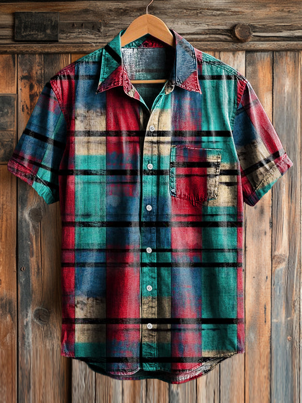 Men's Vintage Aged Plaid Art Print Short Sleeve Pocket Shirt