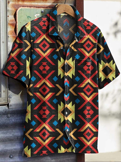 Mens Vintage Ethnic Pattern Printed Short Sleeve Shirt