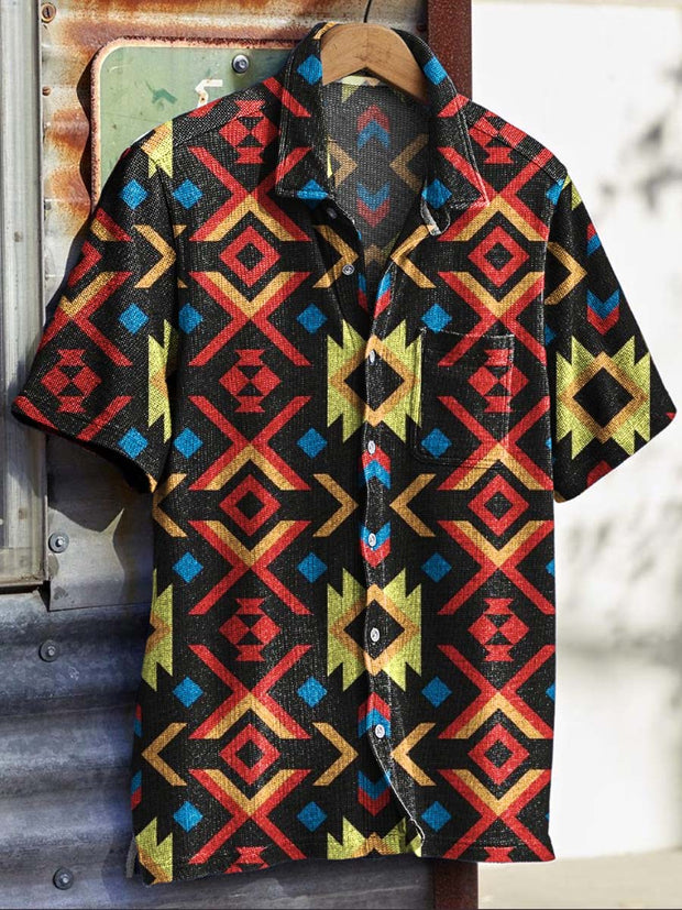 Mens Vintage Ethnic Pattern Printed Short Sleeve Shirt