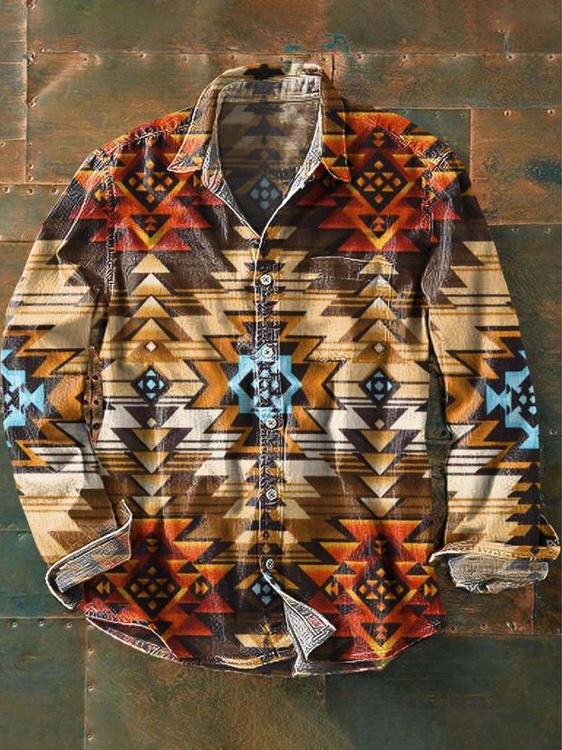 Men's Vintage Western Pattern Print Casual Lapel Long Sleeve Shirt