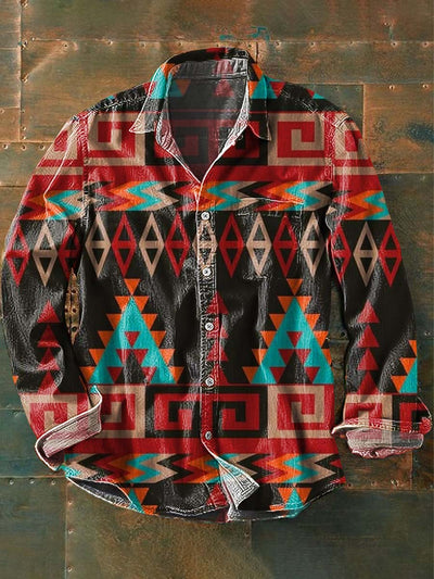 Men's Vintage Western Pattern Print Casual Lapel Long Sleeve Shirt