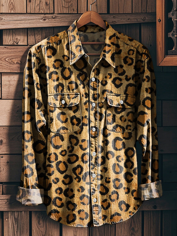 Men's Vintage Leopard Art Print Workwear Pocket Shirt