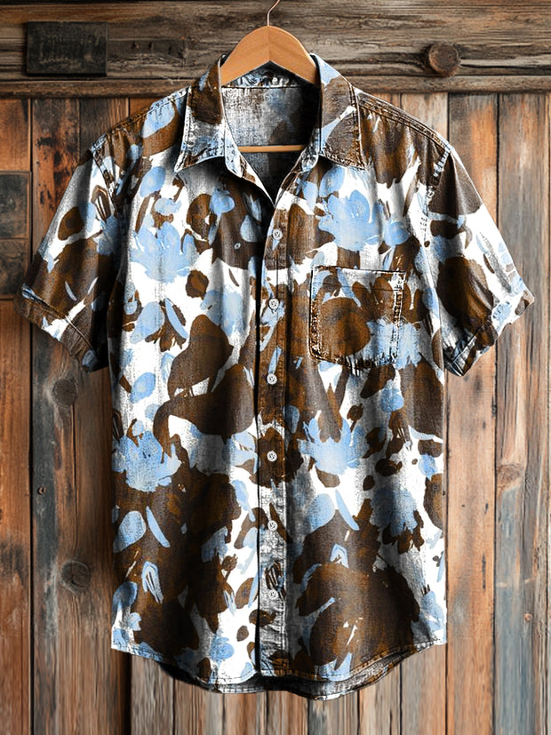 Men's Vintage Colorful Spot Art Print Short Sleeve Pocket Shirt
