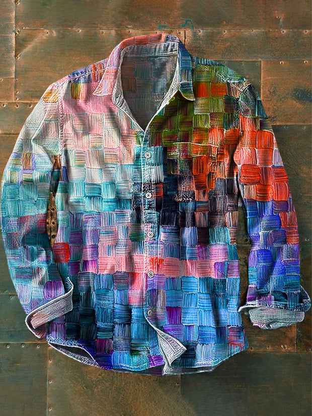 Men's Vintage Color Plaid Painting Art Print Long Sleeve Pocket Shirt