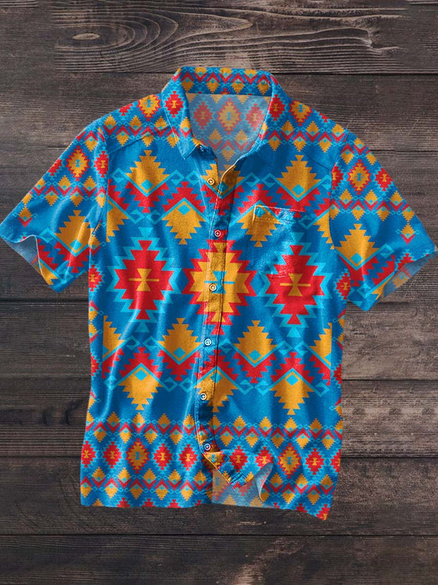 Men's Vintage Western Style Printed Lapel Short Sleeve Shirt