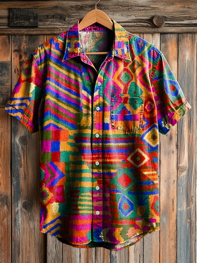 Men's Vintage Ethnic Line Drawing Art Print Short Sleeve Pocket Shirt