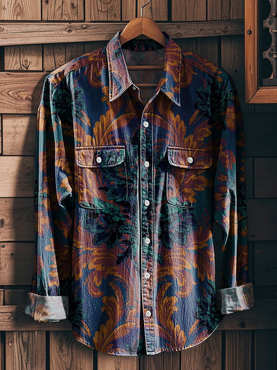 Men's Vintage Symmetrical Floral Art Print Workwear Pocket Shirt