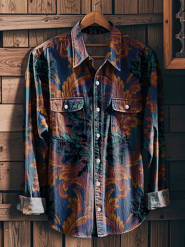 Men's Vintage Symmetrical Floral Art Print Workwear Pocket Shirt