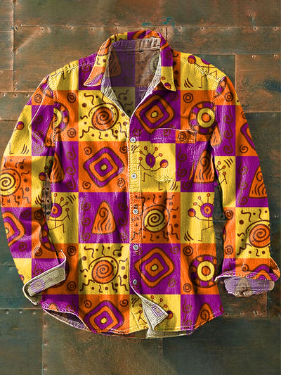 Men's Vintage Ethnic Style Sub Line Art Print Long Sleeve Pocket Shirt
