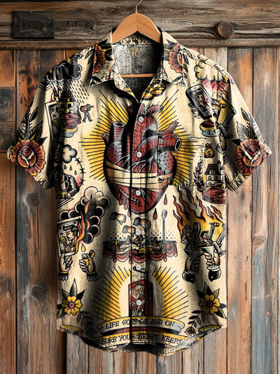 Men's Vintage Heart Painting Art Print Short Sleeve Pocket Shirt