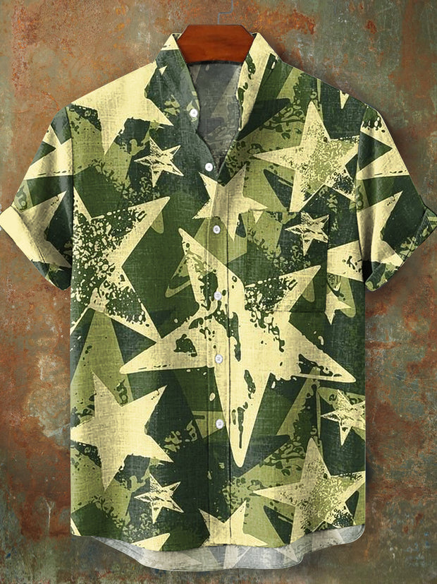 Men's Vintage Abstract Star Art Print Stand Collar Pocket Shirt