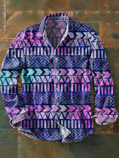 Men's Vintage Western Style Printed Lapel Long Sleeve Shirt