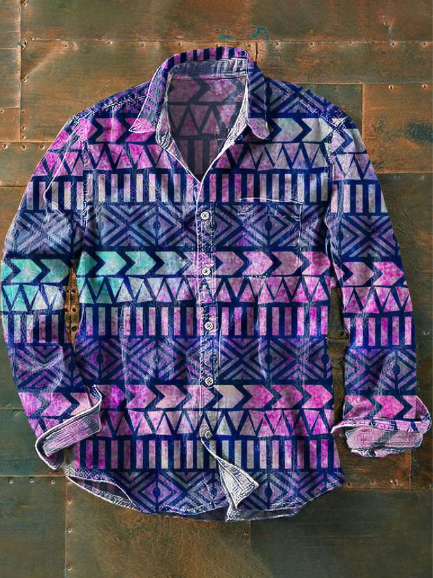 Men's Vintage Western Style Printed Lapel Long Sleeve Shirt