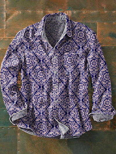 Men's Vintage Geometric Floral Art Print Long Sleeve Pocket Shirt
