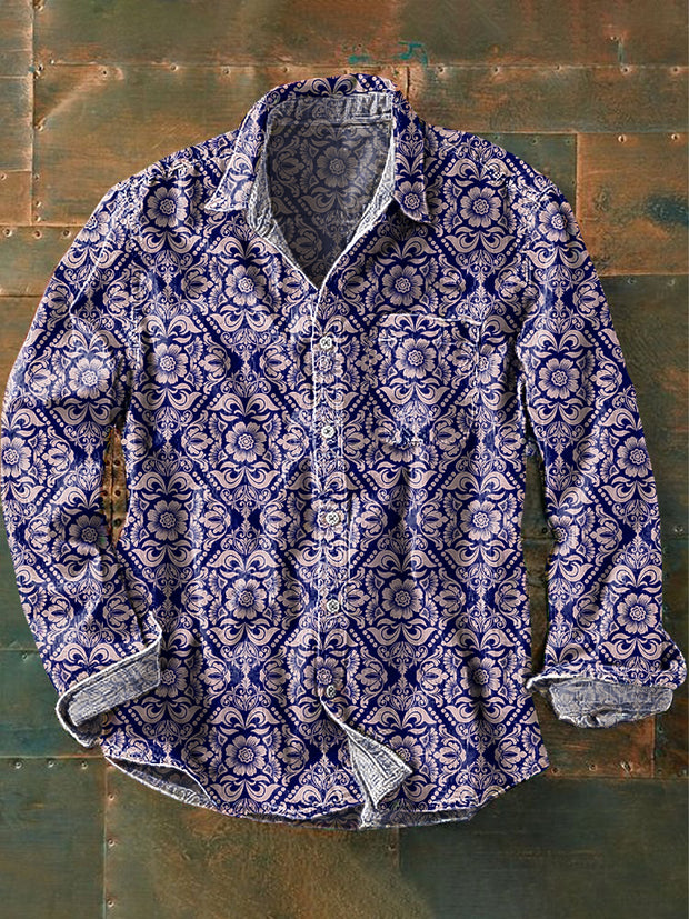Men's Vintage Geometric Floral Art Print Long Sleeve Pocket Shirt