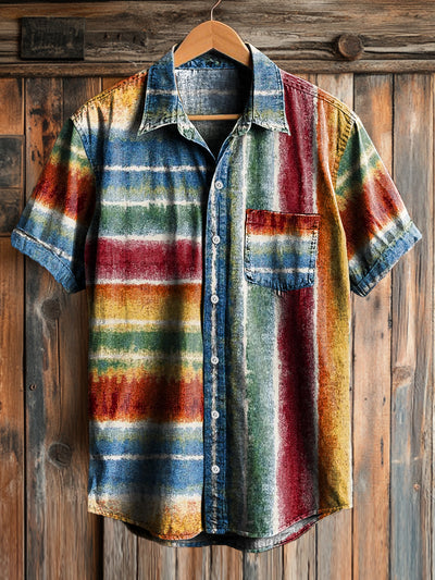Men's Vintage Multicolor Striped Art Print Short Sleeve Pocket Shirt