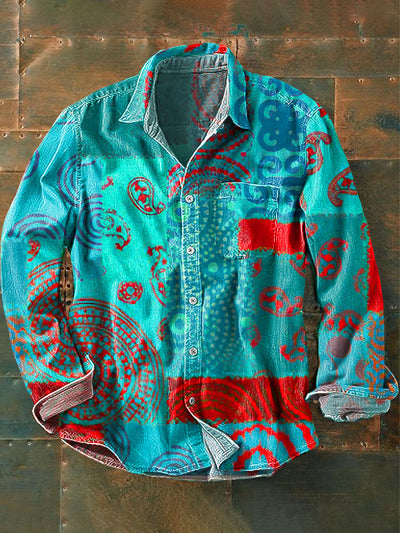 Men's Vintage Line Floral Art Print Long Sleeve Pocket Shirt