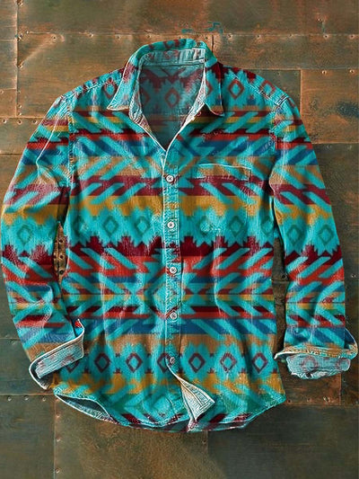 Men's Vintage Western Style Printed Lapel Long Sleeve Shirt