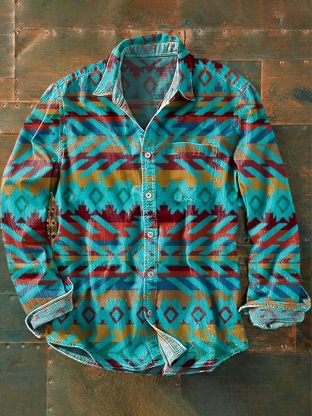 Men's Vintage Western Style Printed Lapel Long Sleeve Shirt