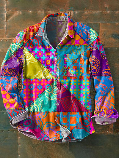Men's Vintage Multicolor Geometric Art Print Long Sleeve Pocket Shirt