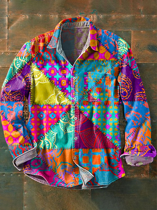 Men's Vintage Multicolor Geometric Art Print Long Sleeve Pocket Shirt