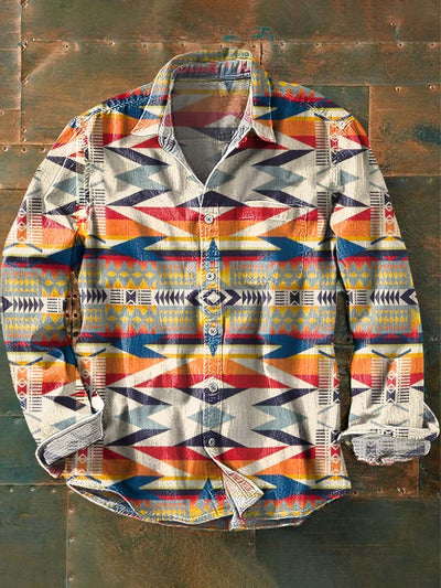 Men's Vintage Western Style Printed Lapel Long Sleeve Shirt