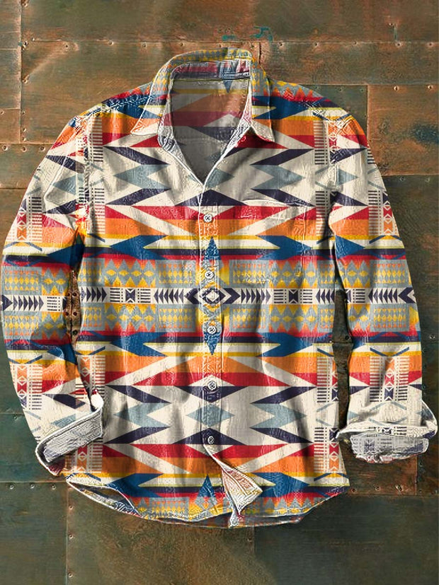 Men's Vintage Western Style Printed Lapel Long Sleeve Shirt
