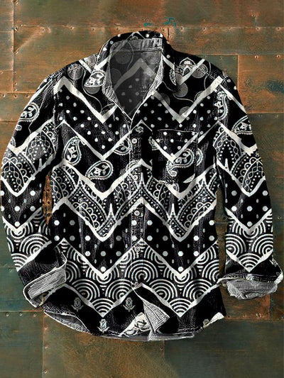 Men's Vintage Abstract Line Art Print Long Sleeve Pocket Shirt