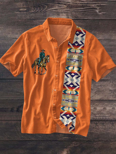 Men's Western Cowboy Patchwork Printed Lapel Short Sleeve Shirt