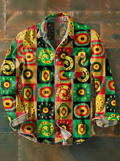 Men's Vintage Multicolor Psychedelic Art Print Long Sleeve Pocket Shirt