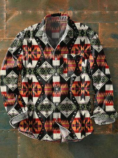 Men's Vintage Western Style Printed Lapel Long Sleeve Shirt