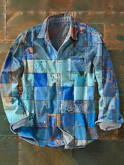 Men's Vintage Aged Plaid Art Print Long Sleeve Pocket Shirt