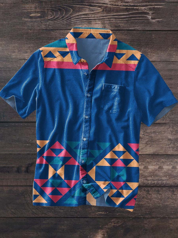 Men's Western Cowboy Print Lapel Short Sleeve Shirt