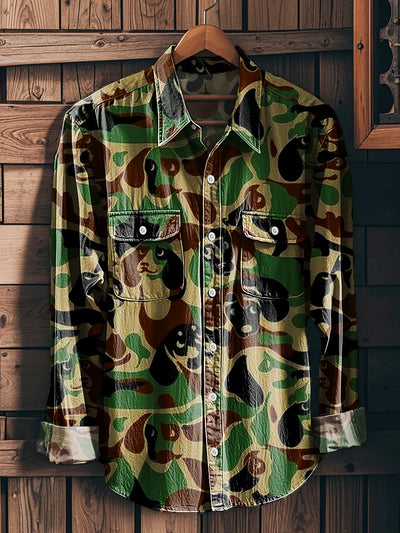 Men's Vintage Abstract Camo Puppy Art Print Workwear Pocket Shirt