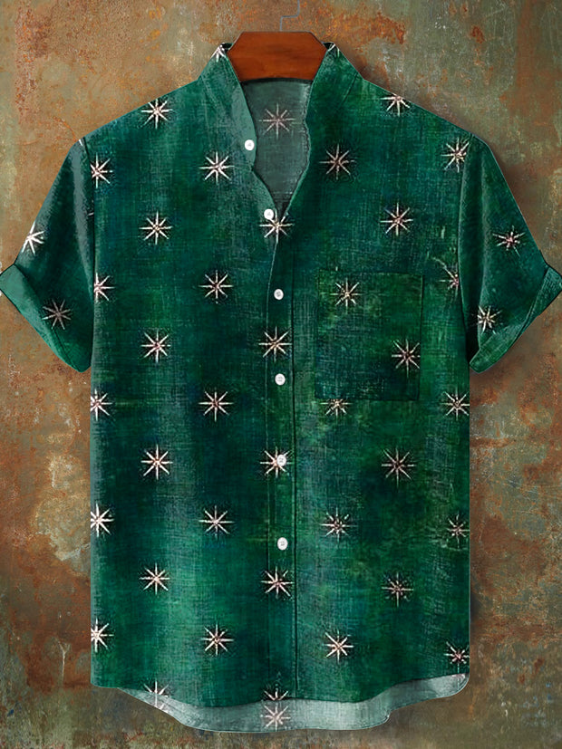 Men's Vintage Geometric Star Art Print Stand Collar Pocket Shirt